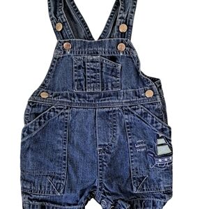 3/20$ Caramel Baby Denim Shortalls 3-6M – Pirate Ship Embroidery